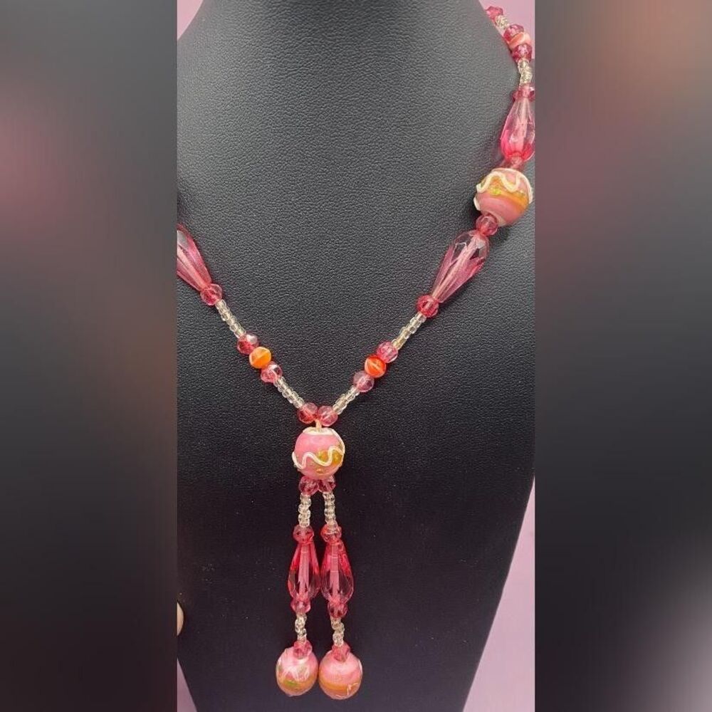 Pink Art Glass Bead Necklace Tassel Y Lariat Style Murano Look 28 Inch